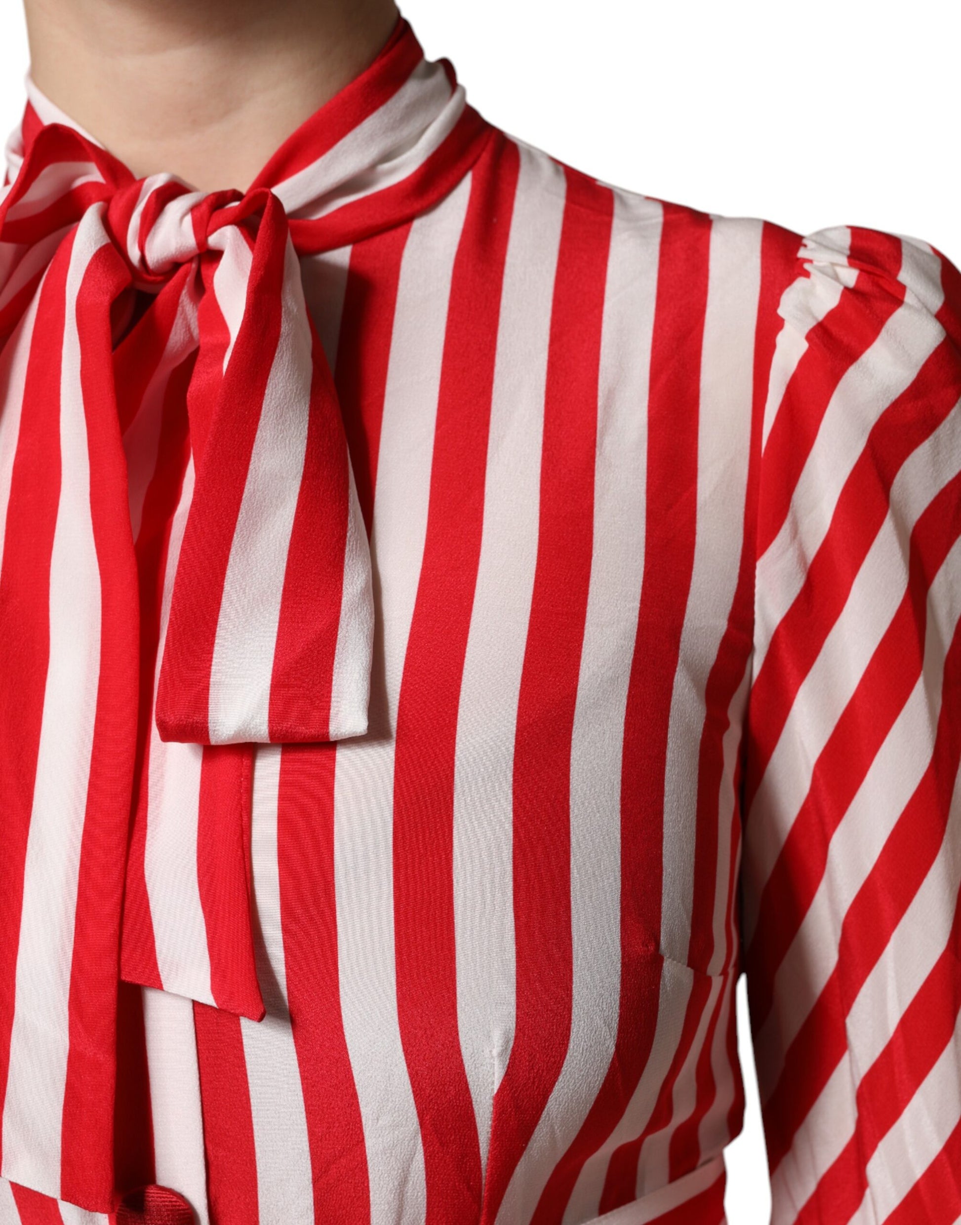 Dolce & Gabbana White Red Stripes Long Sleeves Midi Dress