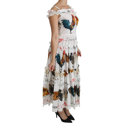 Dolce & Gabbana White Rooster Sheath Midi Cotton Dress