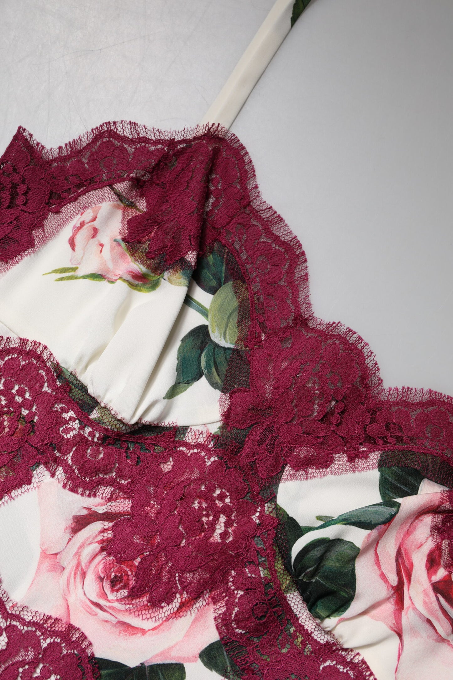 Dolce & Gabbana White Rose Print Satin Lace Tank Top Lingerie