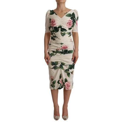 Dolce & Gabbana White Roses Print Stretch Silk Pleated Dress