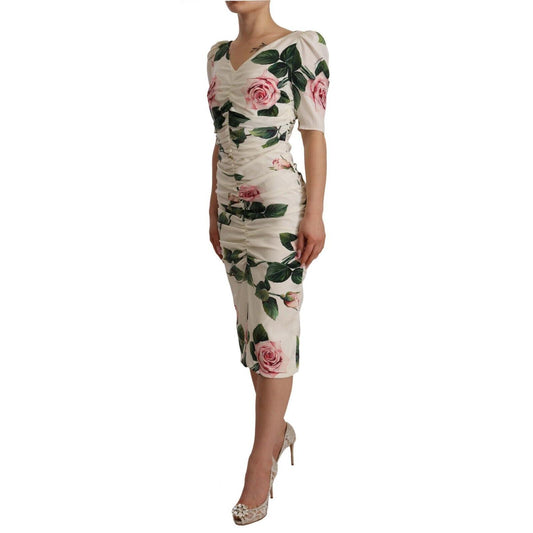 Dolce & Gabbana White Roses Print Stretch Silk Pleated Dress