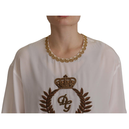 Dolce & Gabbana White Silk Gold DG Crown Crystal Blouse Top
