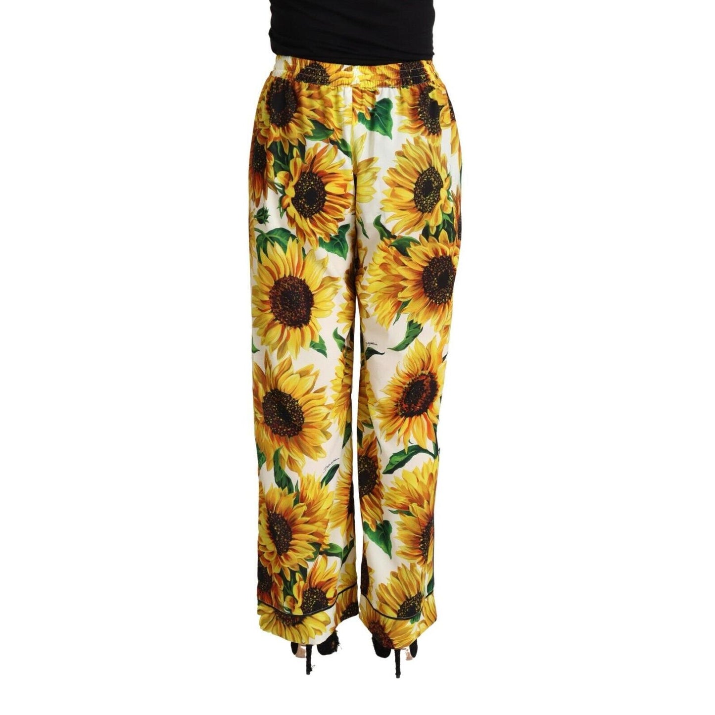 Dolce & Gabbana White Sunflower Print Mid Waist Wide Leg Pants