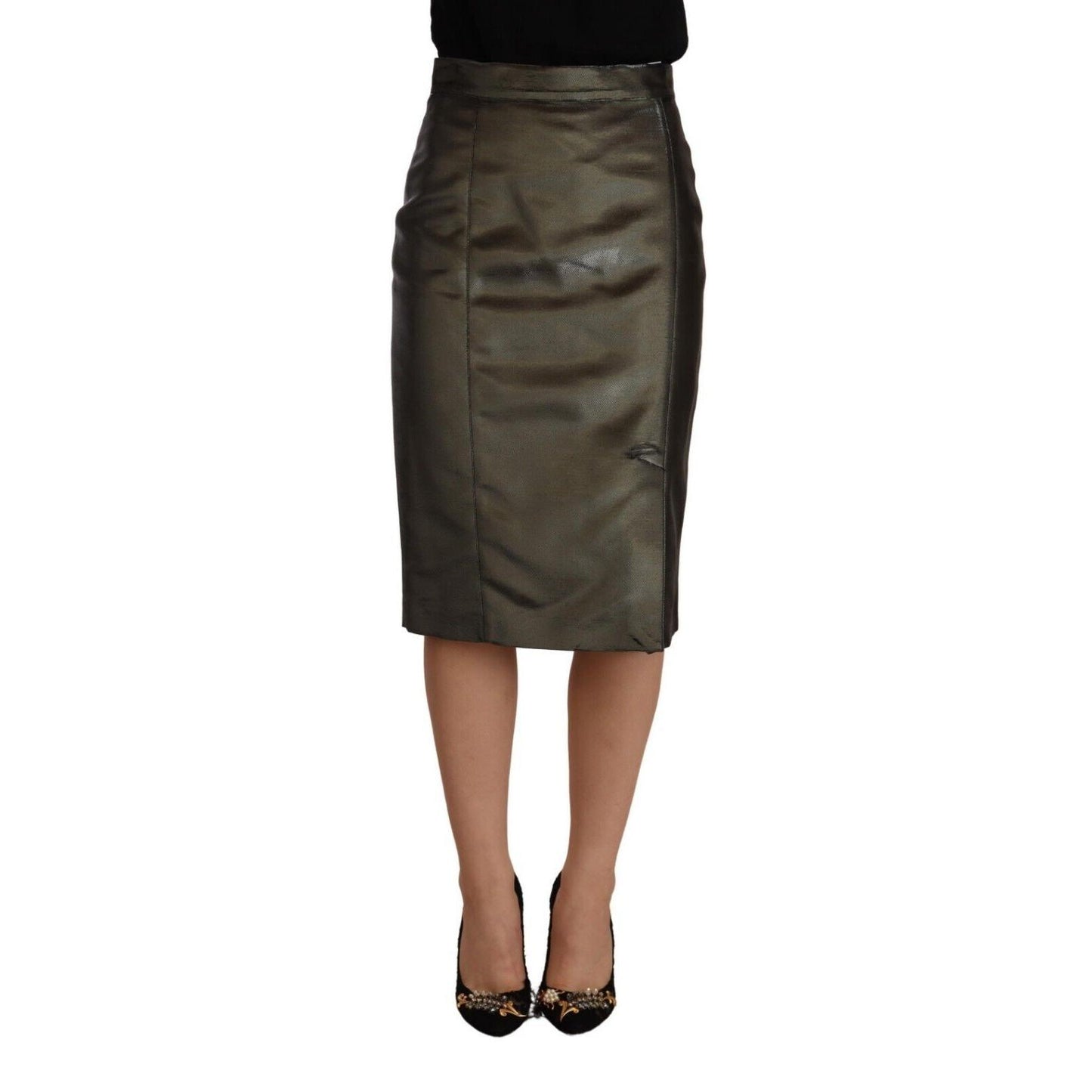 GF Ferre Metallic Gray High Waist Pencil Midi Skirt