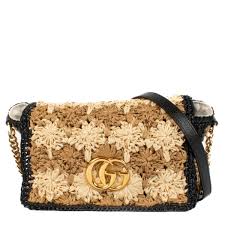 Gucci Brown/Black Woven Floral Raffia GG Marmont Small Shoulder Bag