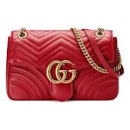 Gucci GG Marmont Gold Logo Red Distress Leather Chain Shoulder Bag-Modeoutlet