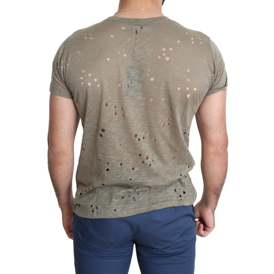Guess Brown Cotton Stretch Logo Print Men Casual Perforated T-shirt