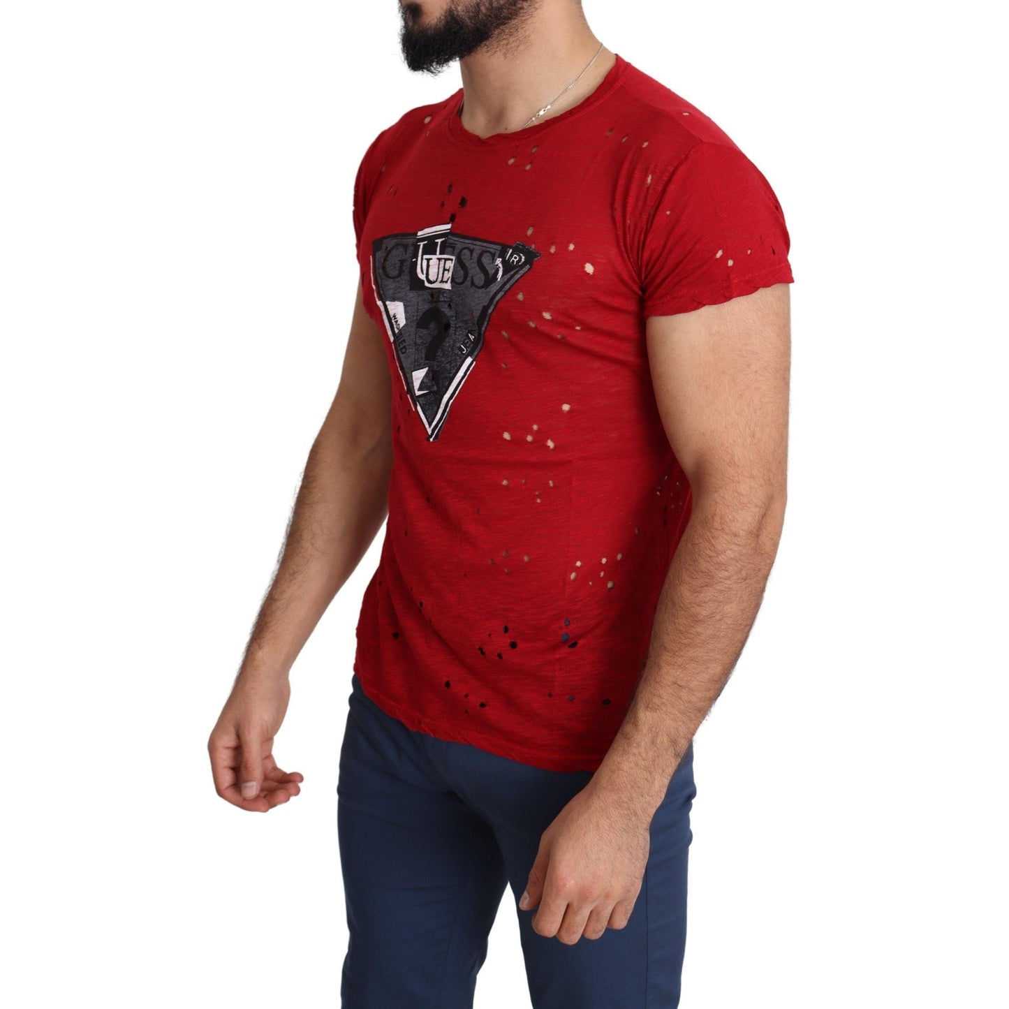 Guess Red Cotton Logo Print Men Casual Top Perforated T-shirt