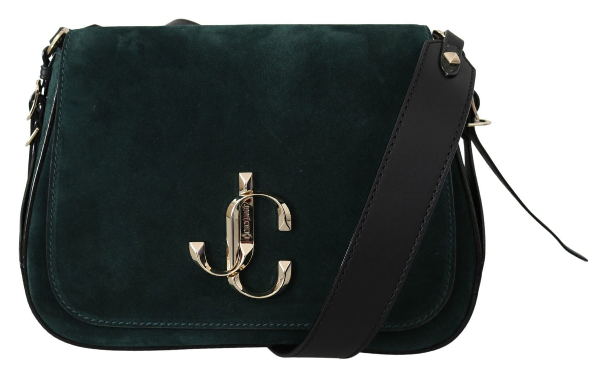 Jimmy Choo Varenne/XB mørkegrøn ruskindstaske set forfra med sort læderrem og guldfarvet JC-logo
