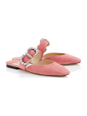 JIMMY CHOO Gee Flat Candyfloss Suede Flat Sandal With Jeweled Buckle
