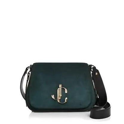 Jimmy Choo Varenne/XB taske i mørkegrønt ruskind med sort læderrem og guldfarvet JC-logo