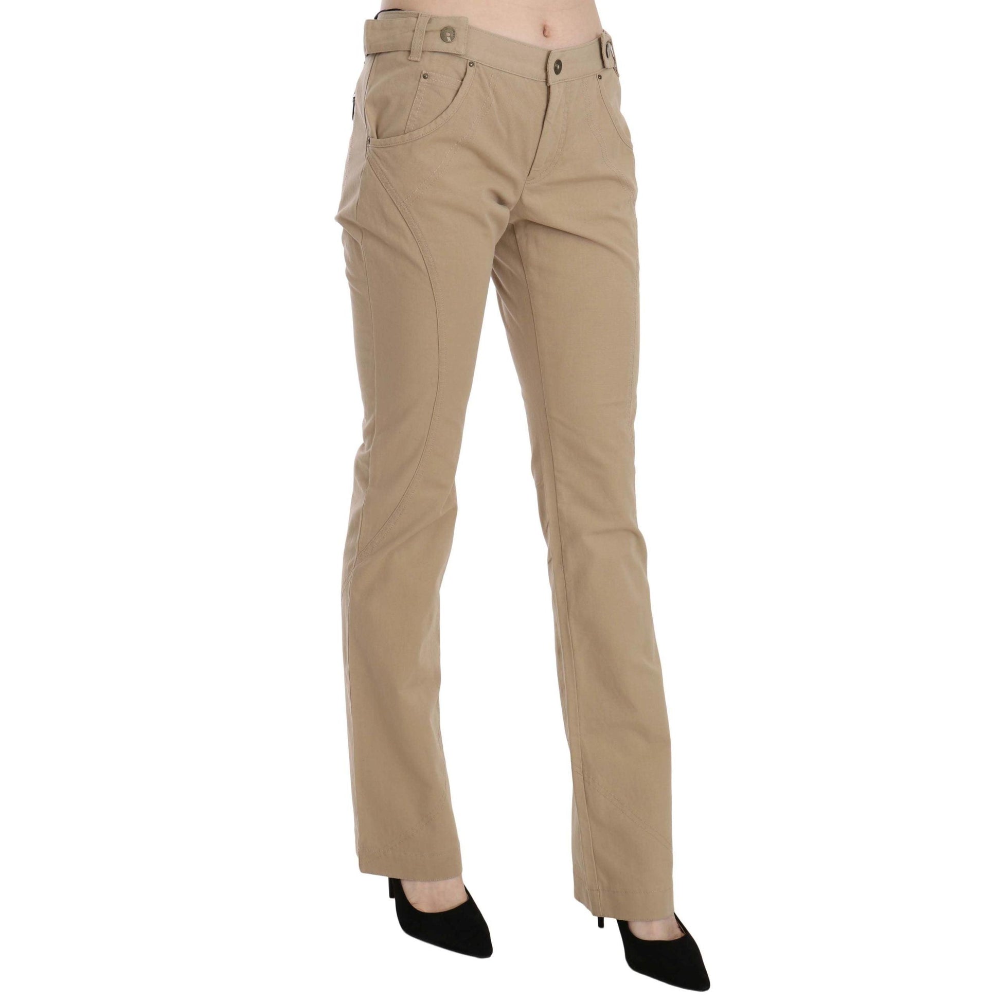 Just Cavalli Beige Cotton Mid Waist Straight Trousers Pants