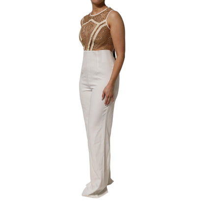 Mangano White Beige Mesh Crystal Embellished Sleeveless Jumpsuit