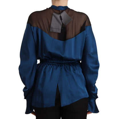 Masha Ma Blue Silk Long Sleeves Elastic Waist Top Blouse