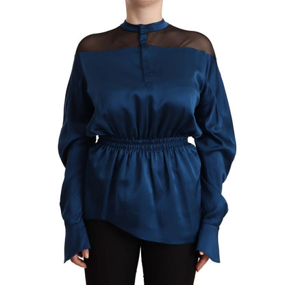 Masha Ma Blue Silk Long Sleeves Elastic Waist Top Blouse