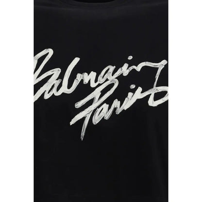 Balmain black cotton t-shirt with bold white brushstroke logo on chest