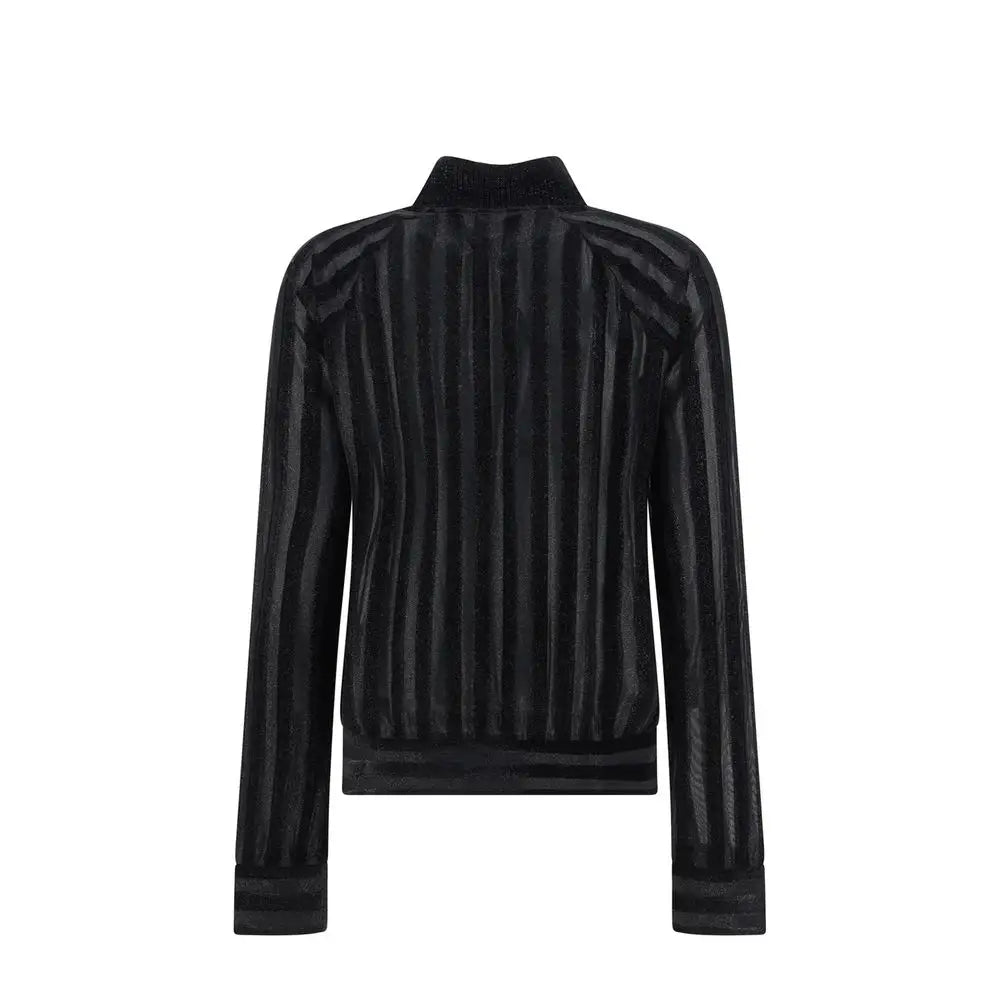 Balmain black elastane sweatshirt med sort velour jakke, ribbet tekstur og høj krave