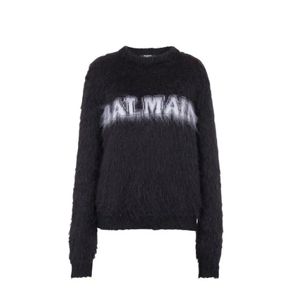 Balmain sort mohair sweatshirt med fuzzy strik og hvidt logo