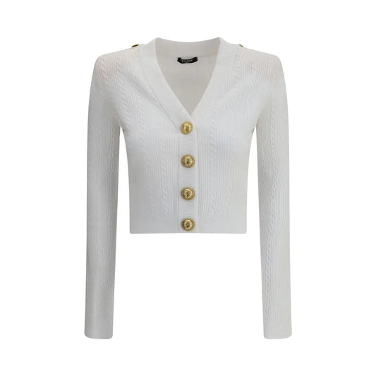 Hvid Balmain ribbed cardigan med guldknapper og epaulets