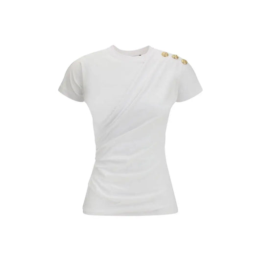 Balmain hvid bomuld T-shirt med guldknapper på skulderen, 100% originale brands