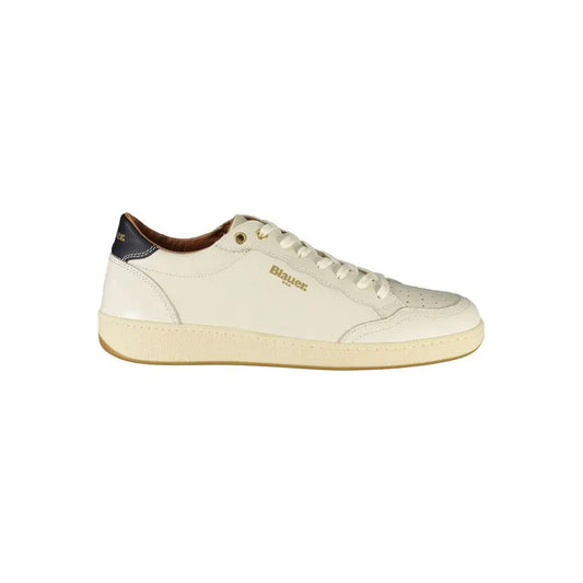Blauer white leather sneakers med cremfarvet overdel og navy hæl