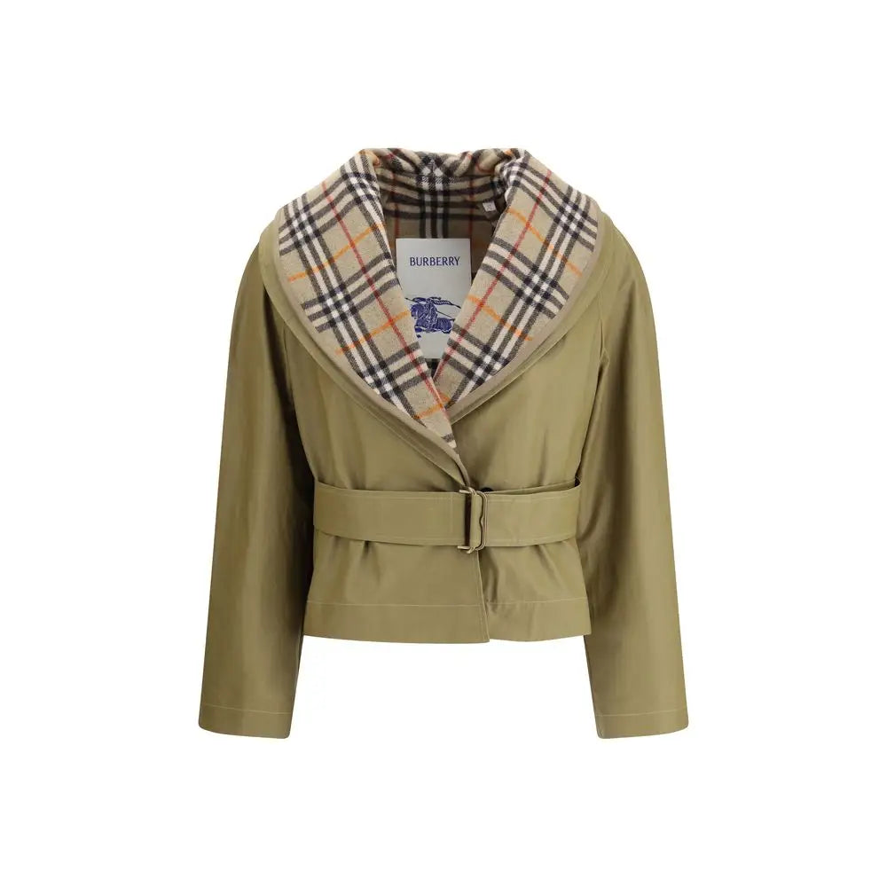 Burberry beige bomuld trench coat i olivengrøn med beige, sort og orange ternet krave og bælte