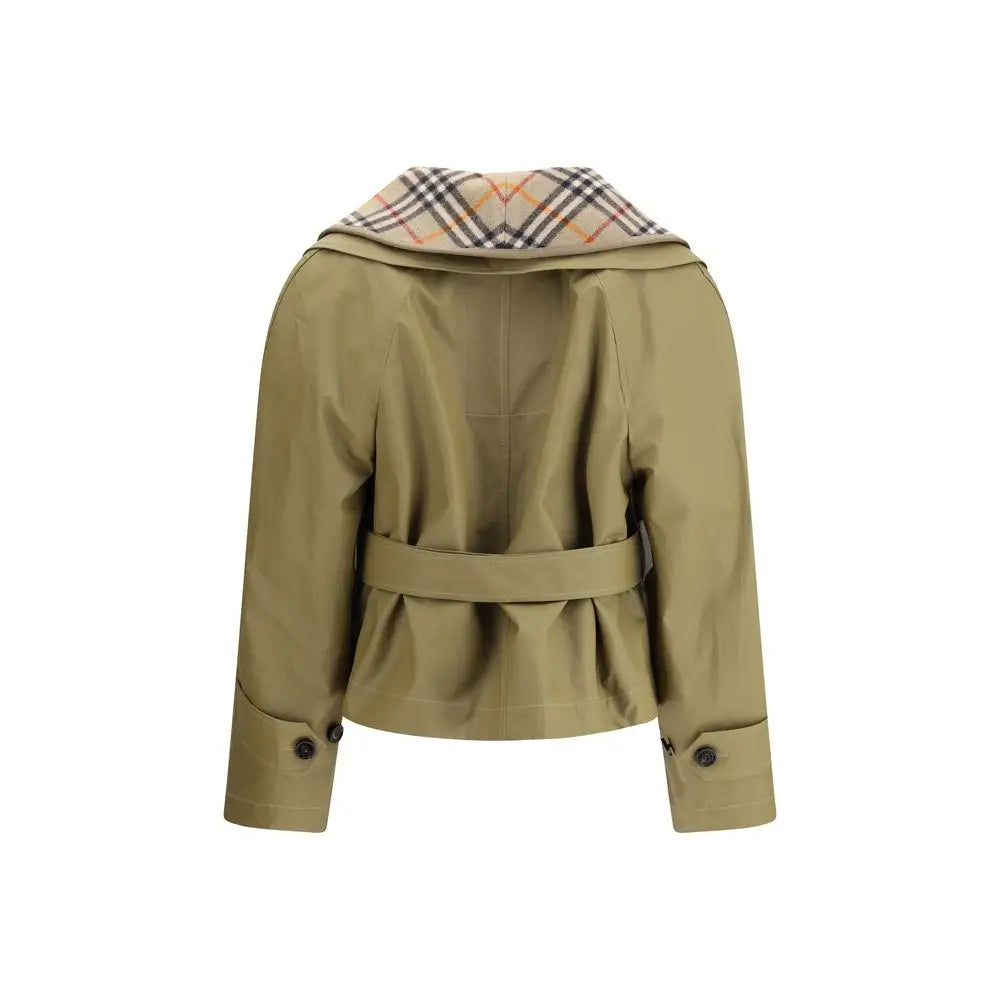 Burberry beige cotton trench coat in olive green with check hood and belt