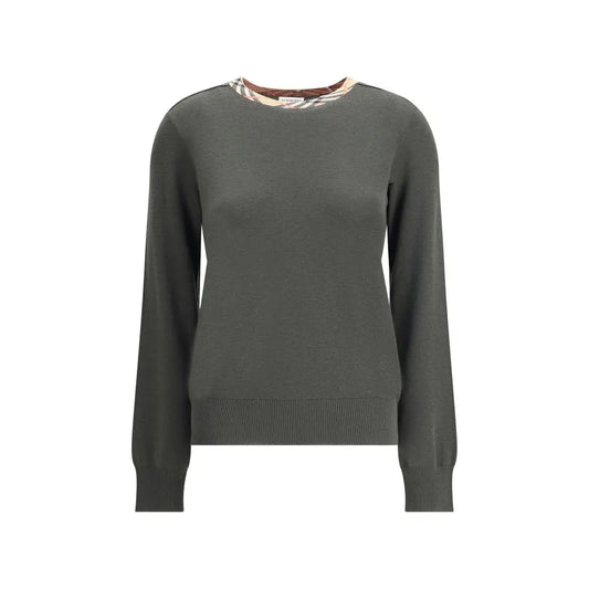 Burberry bicolor cotton sweatshirt i mørkeolivengrøn strik med mønstret krave og ribbet manchetter