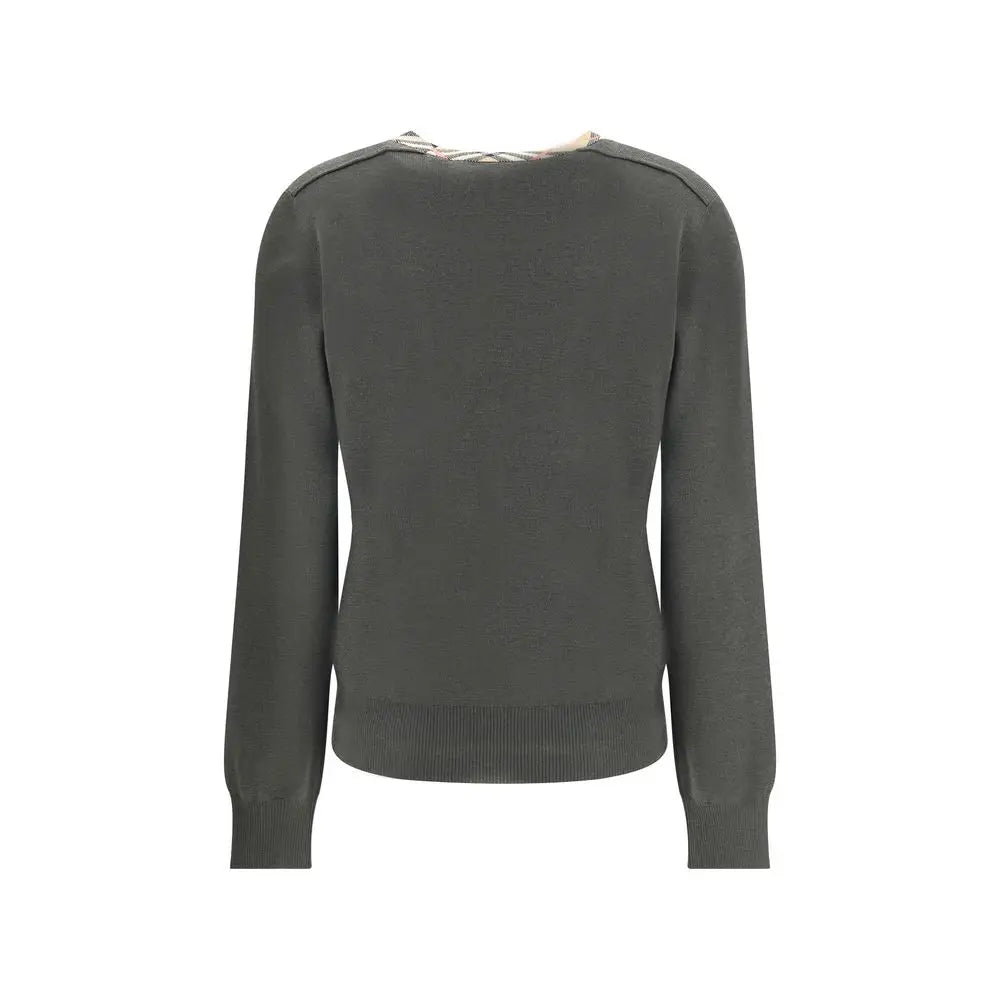Burberry bicolor cotton sweatshirt i mørkeolivengrøn med tekstur og ternet hals