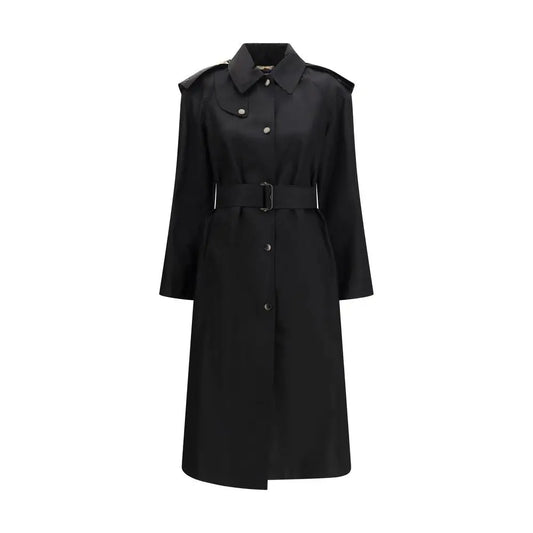 Burberry sort nylon trench coat med struktureret krave og belte