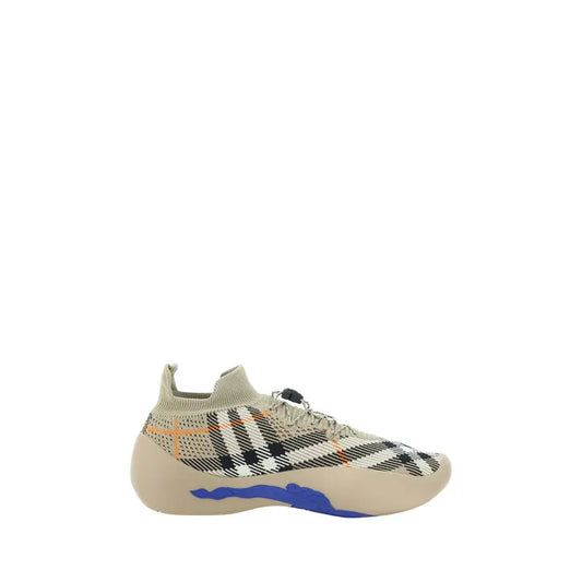 Burberry brown rubber athletic sneakers in beige and black plaid knit with blue sole accent