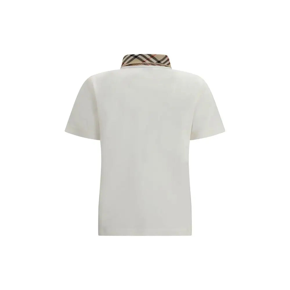 Burberry white cotton polo shirt med beige, brun og sort ternet krave