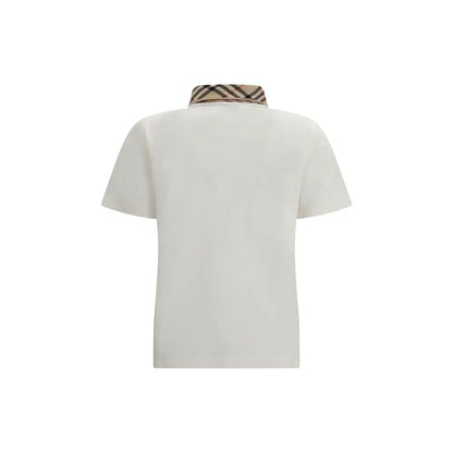 Burberry white cotton polo shirt med beige, brun og sort ternet krave