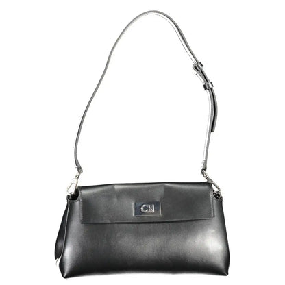 Calvin Kleins sorte sorte sort black leather crossbody bag with silver-tone ck logo plaque and adjustable strap
