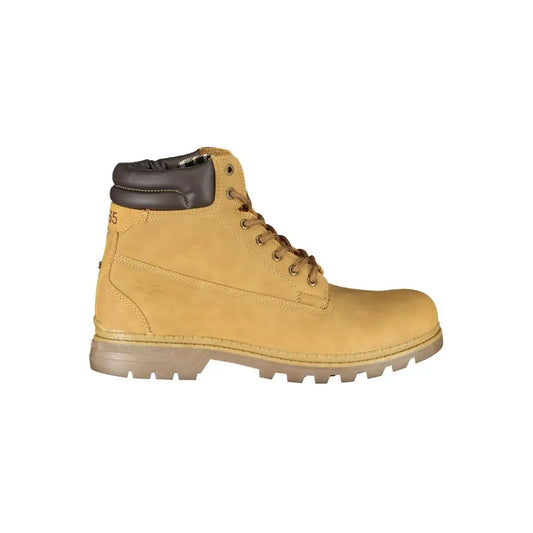 Tan suede højsko high-top arbejdsstøvle med brune snører og sort polstret krave i vibrant yellow fashion boots