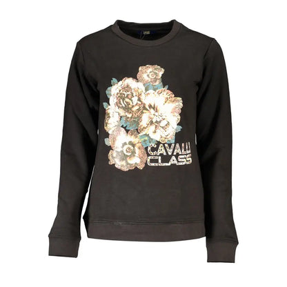 Sort Cavalli Class sorte bomuldssweater med floral grafik i beige og grønne toner