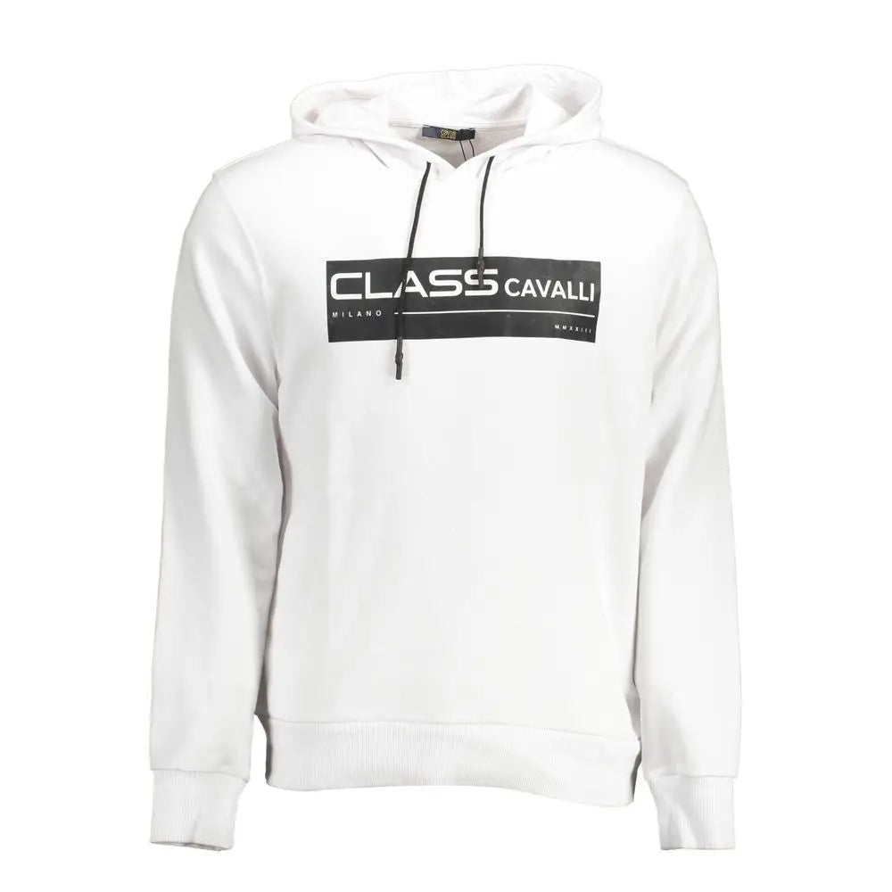 Cavalli class white cotton hoodie with black drawstrings and bold logo