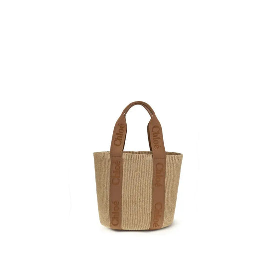Chloé beige raffia håndtaske med brun læderhåndtag og embosset branding