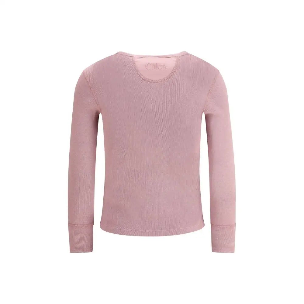 Chloé multicolor cotton shirt i blød pink ribbet langærmet termisk top med rund hals og logo på ryggen