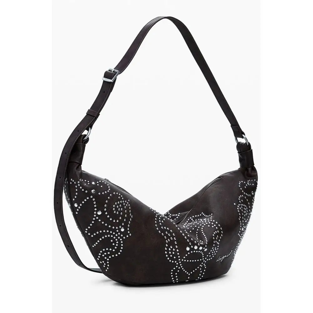 Sort black læder hobo taske med sølv floralstuds, Desigual outlet mærkevare 100% original