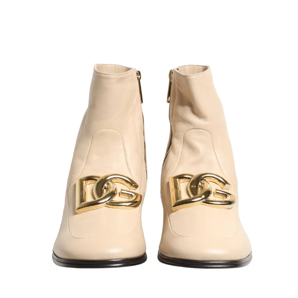 Dolce & Gabbana Beige Leather Logo Plaque Ankle Boots Shoes - 44 - Ankelstøvler