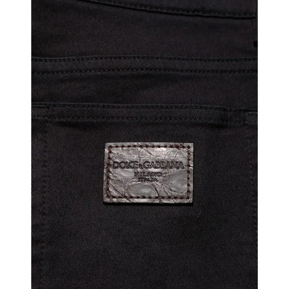 Dolce & Gabbana Milano Italia silver crocodile patch on black cotton blend skinny jeans