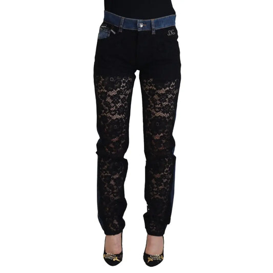 Dolce & Gabbana Black Floral Lace Front Skinny Denim Jeans