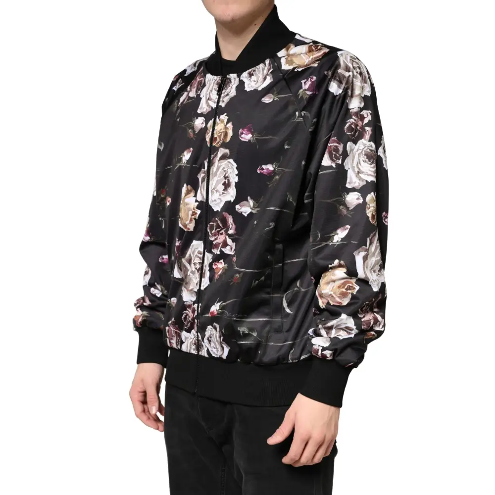 Dolce & Gabbana Black Floral Polyester Full Zip Bomber Jacket - Jakke