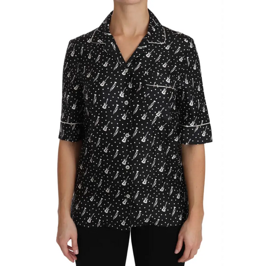 Sort Dolce & Gabbana sort silkeskjorte med guitartryk og prikker