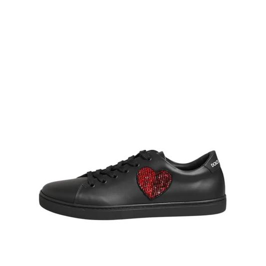 Dolce & Gabbana black leather crystal heart sneakers with sparkling red sequin