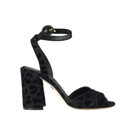 Dolce & Gabbana Black Leopard Suede Heels Sandals Shoes