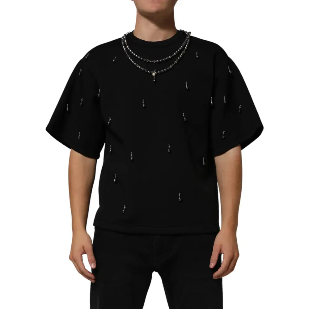 Dolce & Gabbana Black Polyester Necklace Embellished T-shirt - T-shirts
