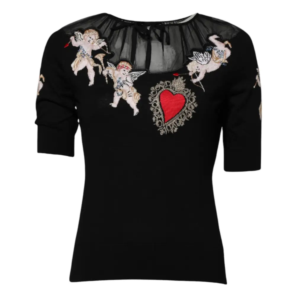 Dolce & Gabbana Black Sacred Heart Embroidered Crewneck Top - Sweaters