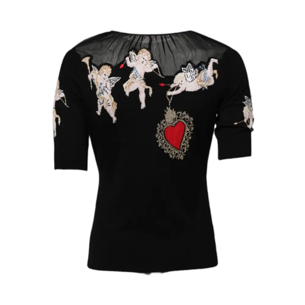 Dolce & Gabbana Black Sacred Heart Embroidered Crewneck Top - Sweaters